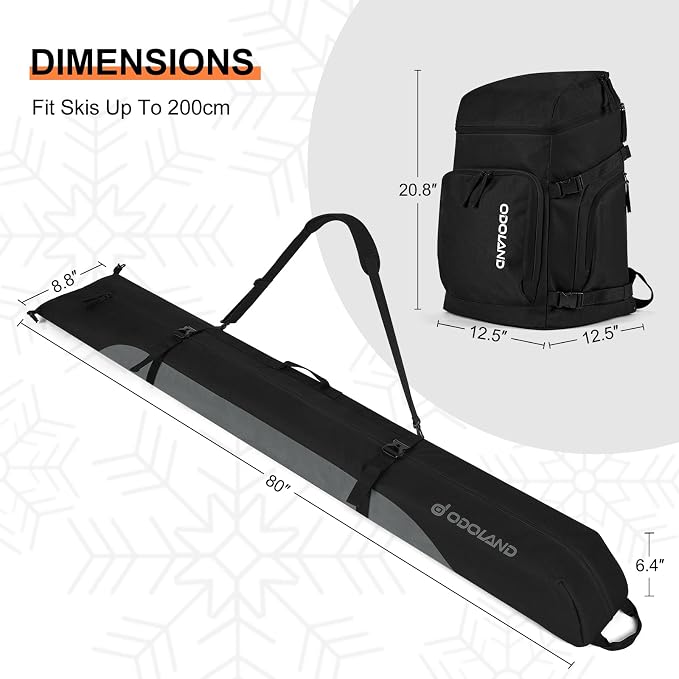 Odoland Ski Bag and Boot Bag Combo, Padded Ski Bags for Air Travel, Snow Ski bags Fit Ski Up to 200cm, Waterproof Double Bag for Storage, Transport Ski Gear, Black & Grey - Image 6