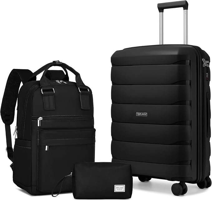 Carry On Luggage 22x14x9 Airline Approved, 22 Inch PP Hardshell Luggage Carry-on Suitcase with Spinner Wheels, Carry On Suitcase Set for Women (Black) by TRIPLAYER
