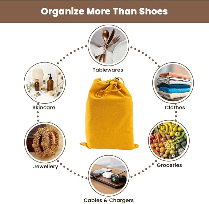 LFH Cotton Rich Shoe Storage Bags with Drawstring, Dustproof Breathable Reusable Organizer, Perfect For Travel, Dorm, Hotel, College, Gym, Easy to Carry, Machine Washable 12"x17" (Pack of 4) - Golden - Image 9