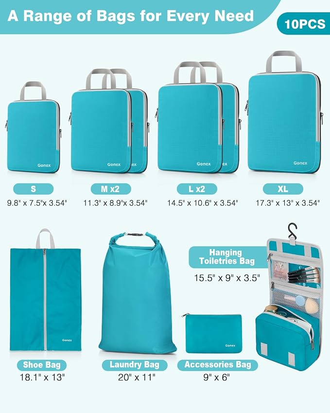 Gonex 10 Set Compression Packing Cubes, Expandable Storage Travel Bags for Suitcase, Luggage Organizers with Hanging Toiletry Bag Laundry Bag Shoe Bag Accessories Bag (Blue) - Image 3