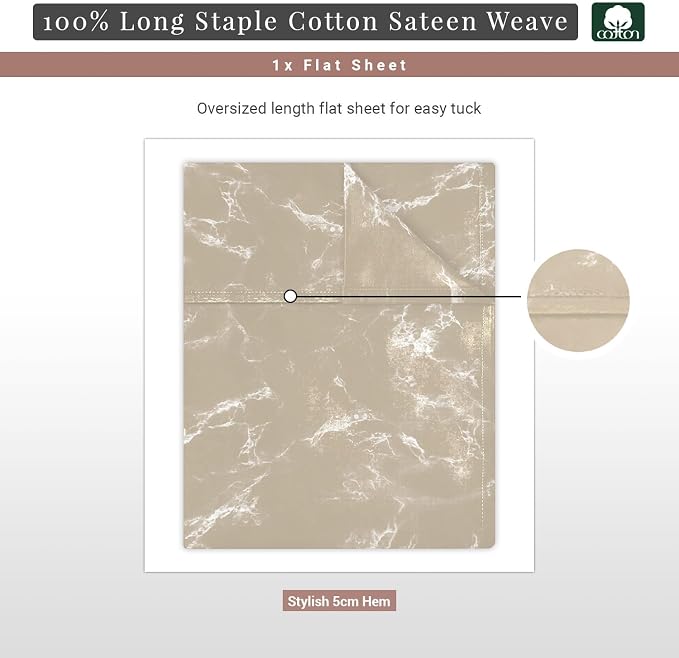 Pizuna Pure 100% Cotton Flat Sheets Only Twin XL Marble Taupe (1 PC), Luxurious 400 Thread Count Long Staple Cotton Sateen with 4" Hem (Combed Twin XL Flat Sheet Only Cotton) - Image 3