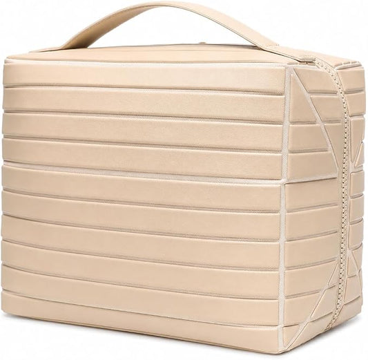 Travel Makeup Organizer Bag for Women, Fold Down Large Capacity Makeup Organizer with Compartments, Foldable Lay Flat Waterproof Cosmetic Toiletry Bag for Brushes, Skincare and Travel, Cream Beige by Unknown