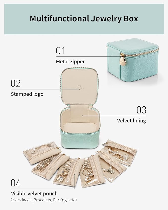 VLANDO Travel Jewelry Box for Women Faux Leather Jewelry Box with 6 Velvet Jewelry Zipper Pockets Earrings Necklace Rings Storage Boxes Christmas Gift for Mom Wife(Lake Blue) - Image 5
