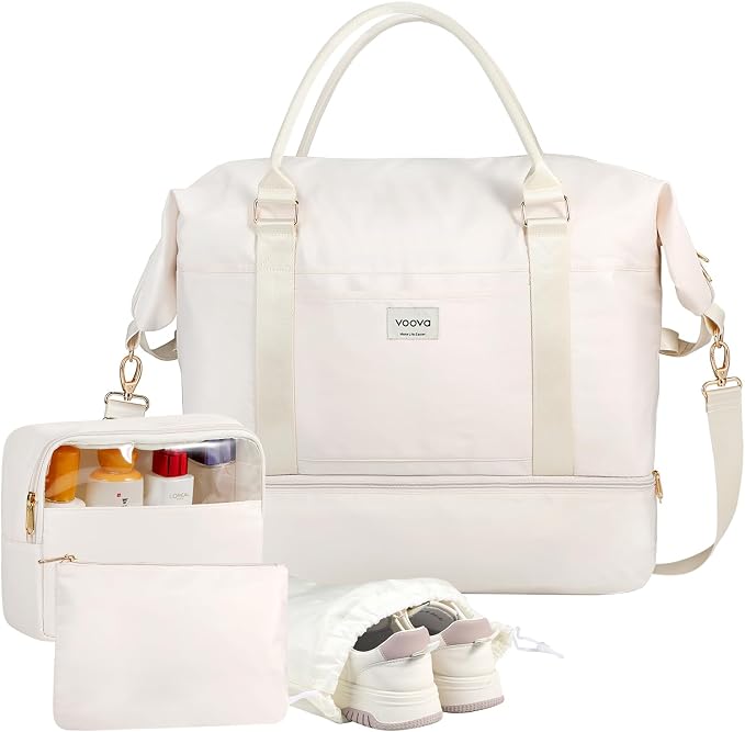 Voova Weekender Bags for Women, Large Travel Duffle Bag for Personal Item Travel with Shoes Compartment, Carry On Overnight Bag with Toiletry Bags 4 Pack Set for Men, Gym, Hospital, Yoga (Beige) by Voova
