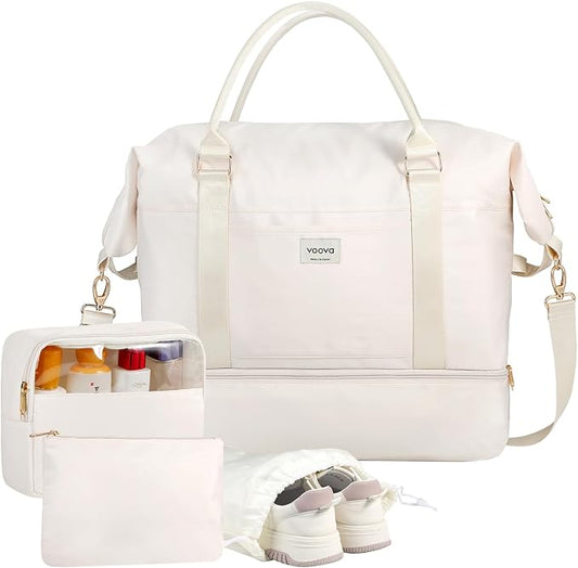 Voova Weekender Bags for Women, Large Travel Duffle Bag for Personal Item Travel with Shoes Compartment, Carry On Overnight Bag with Toiletry Bags 4 Pack Set for Men, Gym, Hospital, Yoga (Beige) by Voova