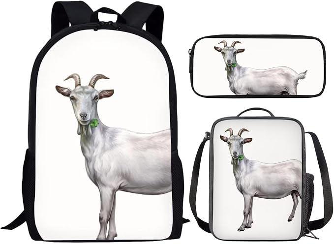 Kids Novelty Animal Backpack and Lunch Box for Boys Girls Student Lightweight 17 Inch School Domestic Goat Backpack with Lunch Bag Pencil Case Kids Comfy Padded Black Large Bookbag - Image 2