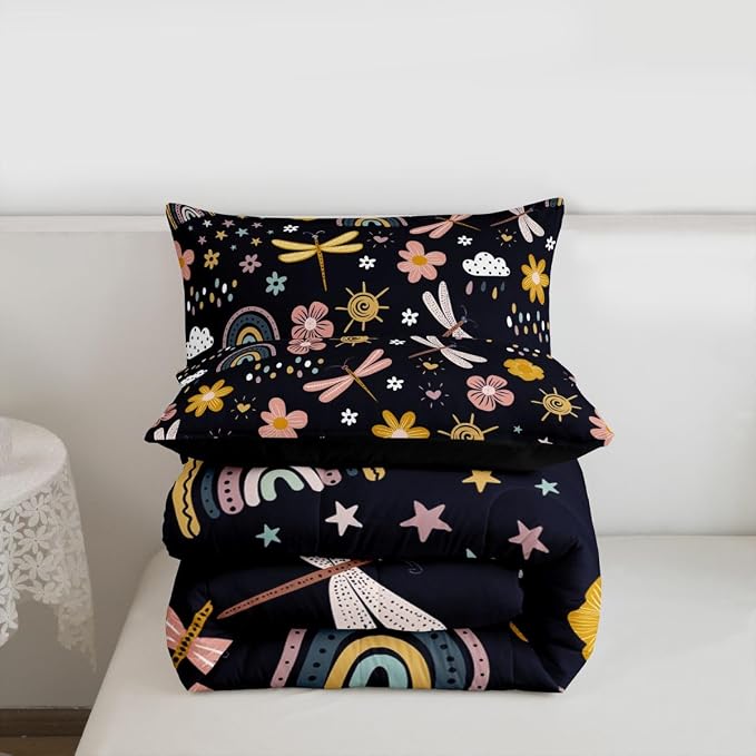 Erosebridal Rainbow Comforter Set, Cartoon Dragonfly Quilt Queen Size for Kids Girls Women Adult, Pink Flower Floral Duvet Insert Kawaii Iridescent Bedding Set 3Pcs with 2 Pillow Cases, Black Yellow - Image 7