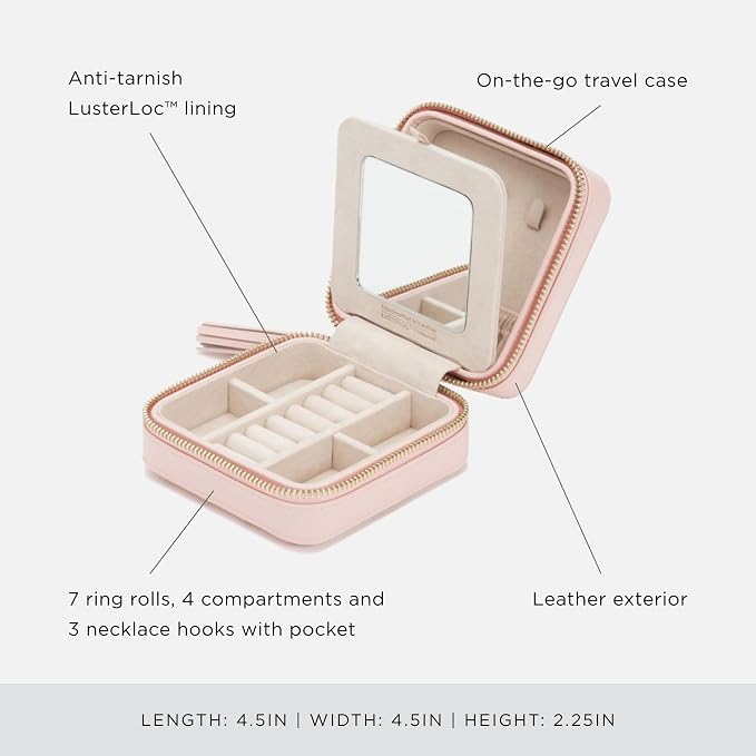 WOLF Caroline Zip Travel Case, Rose Quartz - Seven Ring Rolls, Four Compartments, Three Necklace Hooks & Pocket - Anti-Tarnish LusterLoc Lining - Image 4