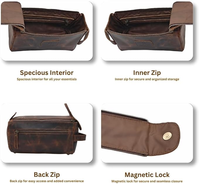 Toiletry Bag for Men Travel Essentials Shaving Dopp Kit Buffalo Leather, Handmade Vintage Distressed Waterproof Grooming Organizer Cosmetic Case Unisex Use, Brown - Image 4