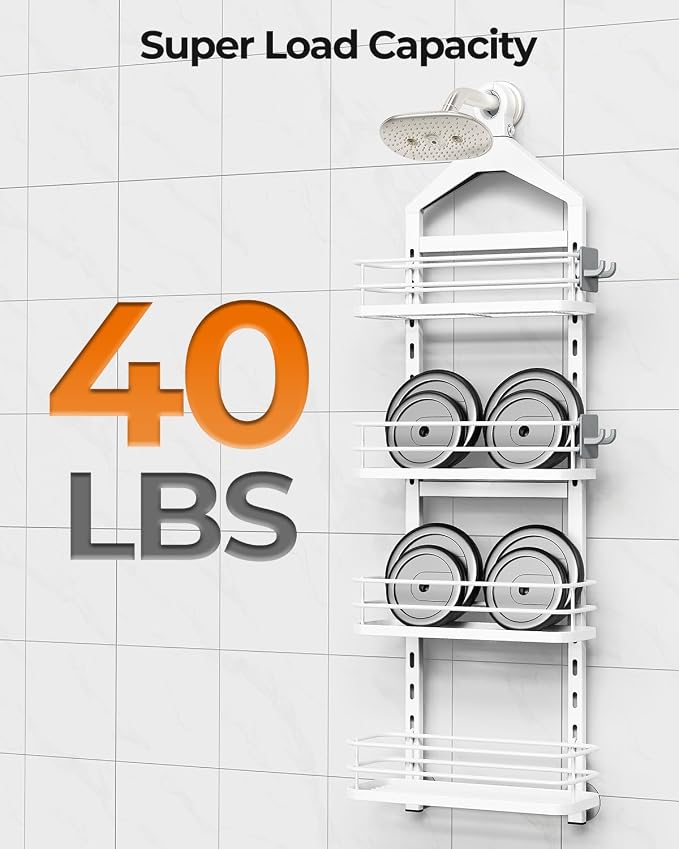 ODesign 4 Tier Adjustable Shower Rack Hanging Over Head Anti-Swing White | Shower organizer hanging,no drilling required,comes with removable hook and storage box, suitable for indoor showers - Image 7