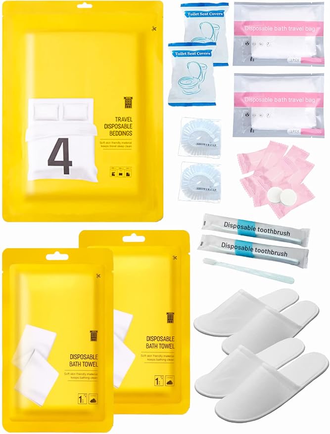 Extguds Disposable Travel Set: Bed Sheet×1+Duvet Cover×1+Pillow case×2+Bath Towels×2+Shower Caps×2+Plastic Bathtub Bag×2+Toilet Seat Covers×2+Compression face Towel×8+Toothbrushes×2+Slippers×2 by Extguds