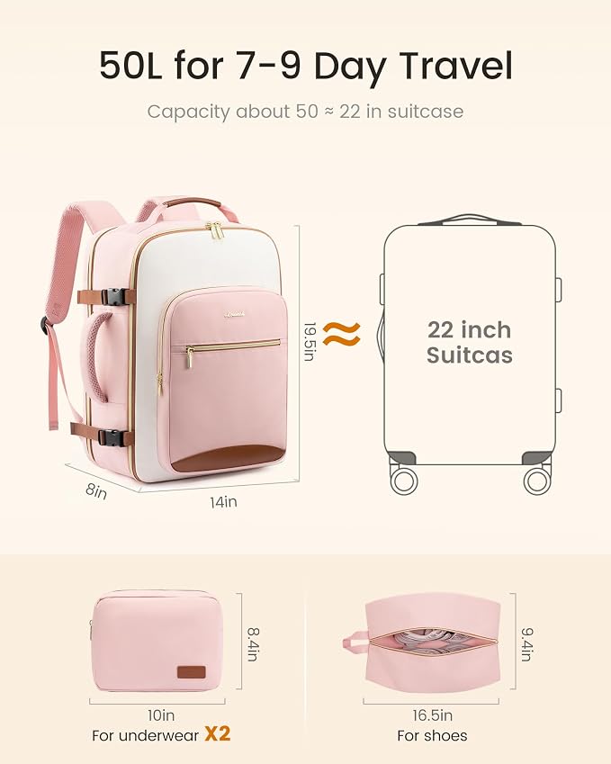 LOVEVOOK 50L Large Travel Backpack for Women, Carry on Backpack Airline Approved, Waterproof Travel Essentials fits 18" Laptop, TSA Personal Item Travels Bag Sports Backpack with 3 Packing Cubes - Image 5