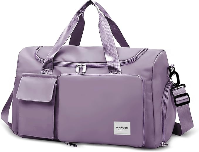 WOOMADA Foldable Travel Duffel Bag with Shoes Compartment, Overnight Bag with Wet Pocket & Trolley Sleeve, Weekender Bags for Women(A-grayish purple) by WOOMADA