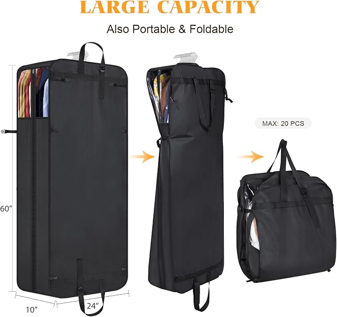 Univivi Hanging Garment Bag for Travel, 60" Heavy Duty Suit Bags, Extra Capacity Hanging Clothes Bag for Closet Storage, Dress Cover with Handles and Buckle Straps for Suit, Coat, Jacket, 2 Pack - Image 2