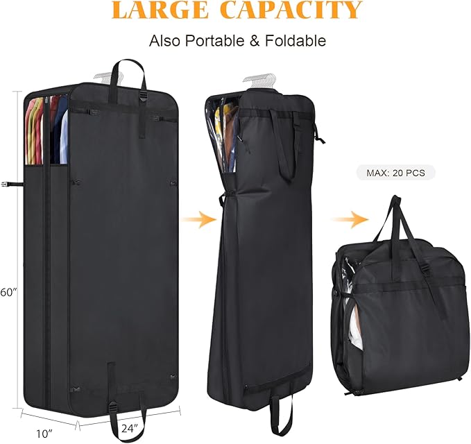 Univivi Hanging Garment Bag for Travel, 60" Heavy Duty Suit Bags, Extra Capacity Hanging Clothes Bag for Closet Storage, Dress Cover with Handles and Buckle Straps for Suit, Coat, Jacket, 2 Pack - Image 2
