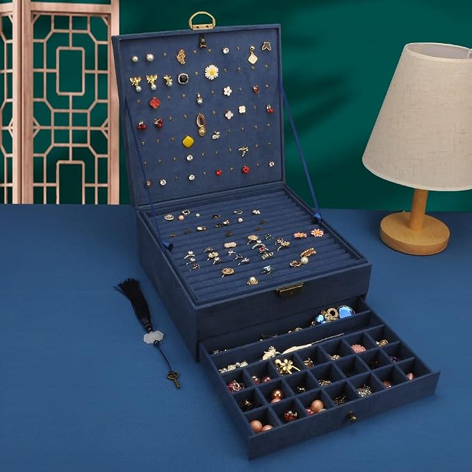 Jewelry Organizer 5 Layers Velvet Square Jewelry Box Women Necklace Ear studs Display Bangles Large Jewelry Storage Case Drawer GY306 (Navy) - Image 7