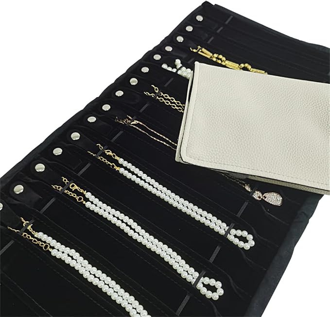 Travel Necklace Organizer, Tangle Free Jewelry Case, 16 Slots | Foldable,LightWeight Compact, Velvet Lining Jewelry Storage Bag for Chain Bracelet, Gift for Women Girls,Gray PU and Black - Image 4