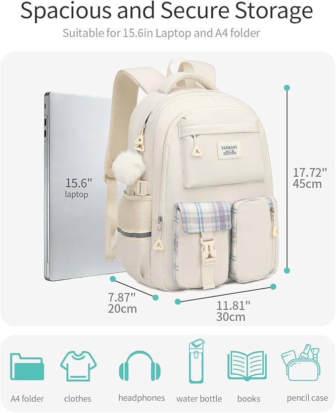 School Backpack for Teen Girls, Big Student Laptop Backpack Aesthetic Bookbags for College Women Elementary Middle High School Travel Mochilas Escolares, Beige - Image 3