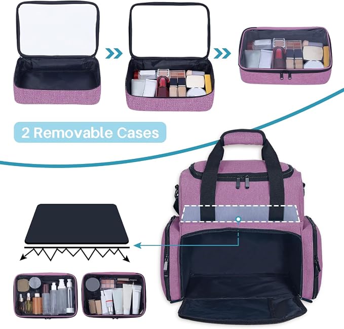 Large Makeup Bag with 2 Removable Case Cosmetic,Purple | Large Makeup Bag with 2 Removable Case Multifunctional Cosmetic Bag Double Layer Travel Toiletry Organizer - Image 4