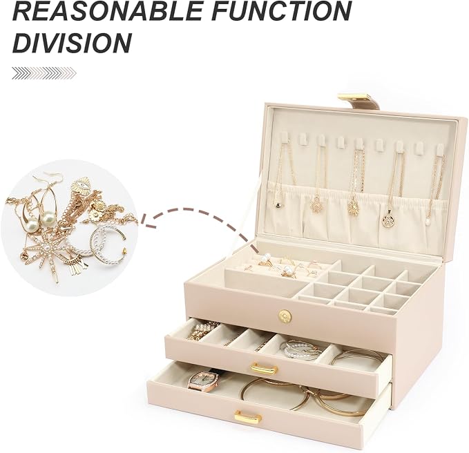 Jewelry Box, 3-Tier with 2 Drawers, Beige, Modern, Women's Jewelry Organizer - Image 8