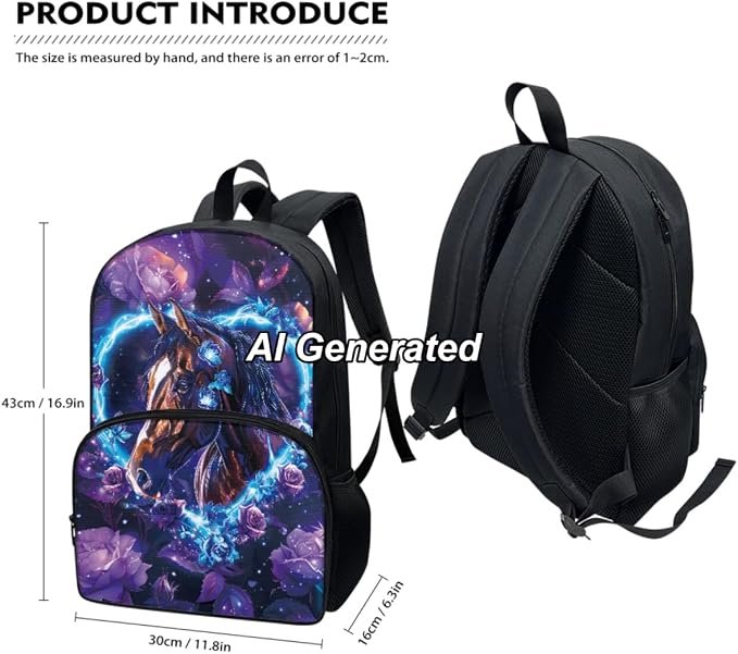 Custom Horse Girls Bookbags Back to School Personalized Backpack Laptop Floral Schoolbag with Lunch Bag and Pencil Box Set 3-in-1 for Teens Girls High School, Purple - Image 3