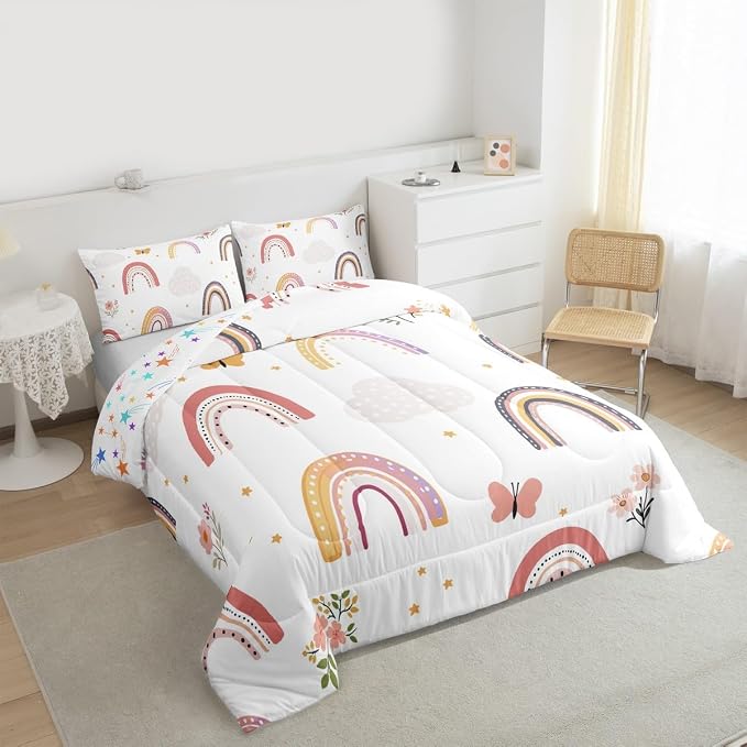 Erosebridal Rainbow Full Bedding Sets for Girls,Cartoon Butterfly Comforter Set Flower Floral Bedding Set for Kids Girls Children Women,Stars Hand Drawn Rainbow Bedding Comforters Kawaii Room Decor - Image 4