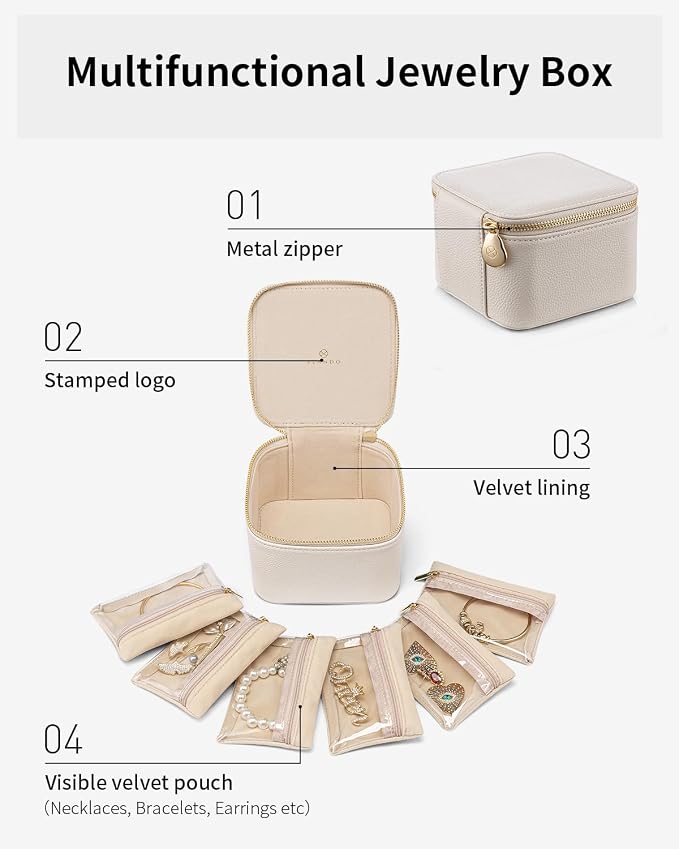 VLANDO Travel Jewelry Organizer Case with 6 Clear Velvet Zipper Pouches, Faux Leather Jewelry Storage Box for Rings, Earrings, Necklaces and Bracelets, Gift for Women - Image 3