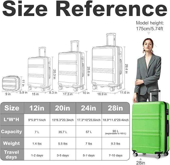 Kono 4 Piece Luggage Sets Expandable(only 28") with Spinner Wheels TSA Lock | Lightweight PC+ABS Hardside Travel Rolling Suitcases 20in 24in 28in Carry on and 12in Mini Cosmetic Case Apple Green - Image 5