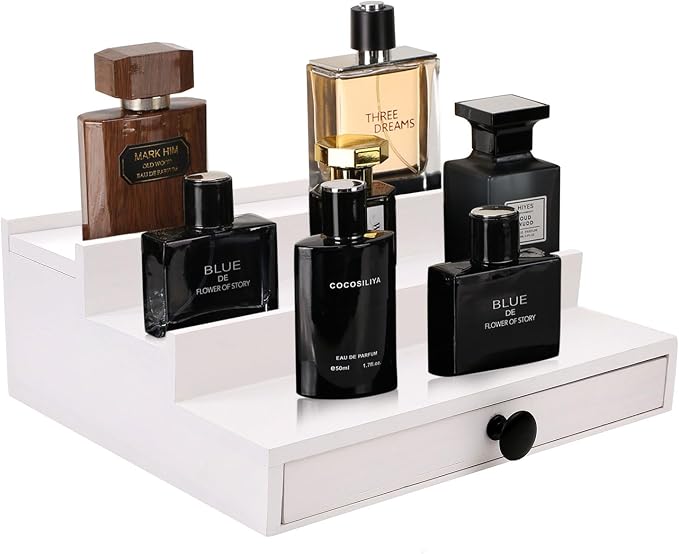 4 Tier Men's Cologne Organizer, White Wooden Display Stand with Drawer | Cologne Shelf and Rack, Perfume Tray, Hidden Storage, Multi-compartment, Dresser Display, Birthday Christmas Gift for Men by FENGLIGOO