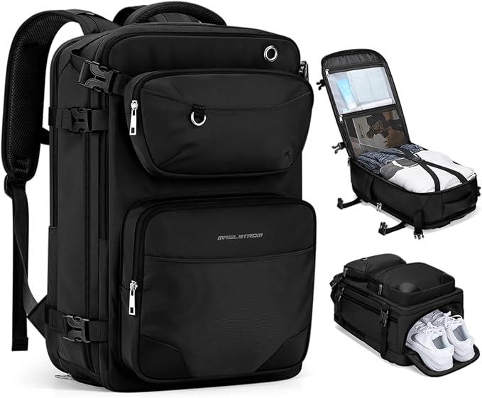 Maelstrom Travel Backpack for Men Women, 35L Carry on Backpack for Traveling on Airplane,with Belt Bag&Shoe Compartment,Waterproof Laptop Backpack fit 17”Laptop-Pure Black,Large by Maelstrom