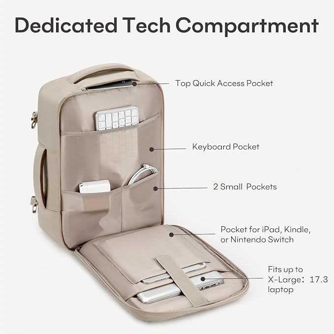 mibasies 40L Travel Backpack for Women & Men: Flight Approved Carry On Backpack, TSA Personal Item Bag with Water Bottle Pocket, Weekender Essentials Backpacks fits 17" Laptop - Khaki Ivory - Image 4