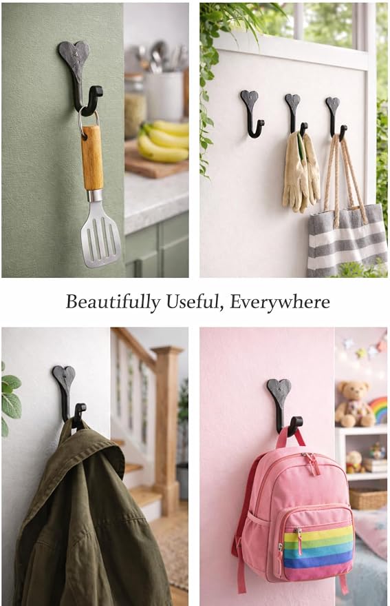 Handmade Wall Mounted Coat Hooks - Heart Shaped Decorative Hooks with Screws & Fittings - Wrought Iron Door Hooks for Hanging Towels, Bags & Hats (Set of 5) - Image 5