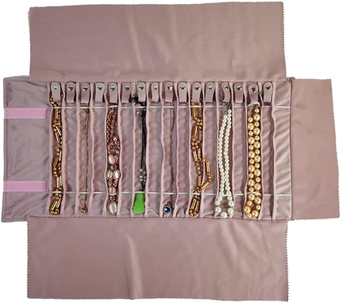 Travel Necklace Organizer, Tangle Free Jewelry Case, 16 Slots | Foldable, LightWeight Compact, Velvet Lining Jewelry Storage Bag for Chain Bracelet, Gift for Women Girls,Embroidery Pink by SCIKHEFT