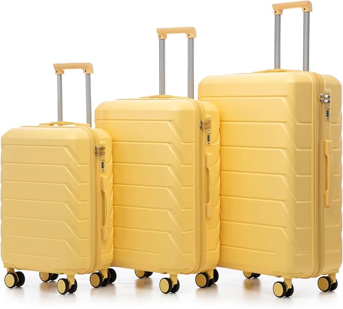3-Piece ABS Spinner Luggage Set (20" 24" 28") with Combination Lock, Matching Hardshell Suitcases, Yellow by LUCCALILY