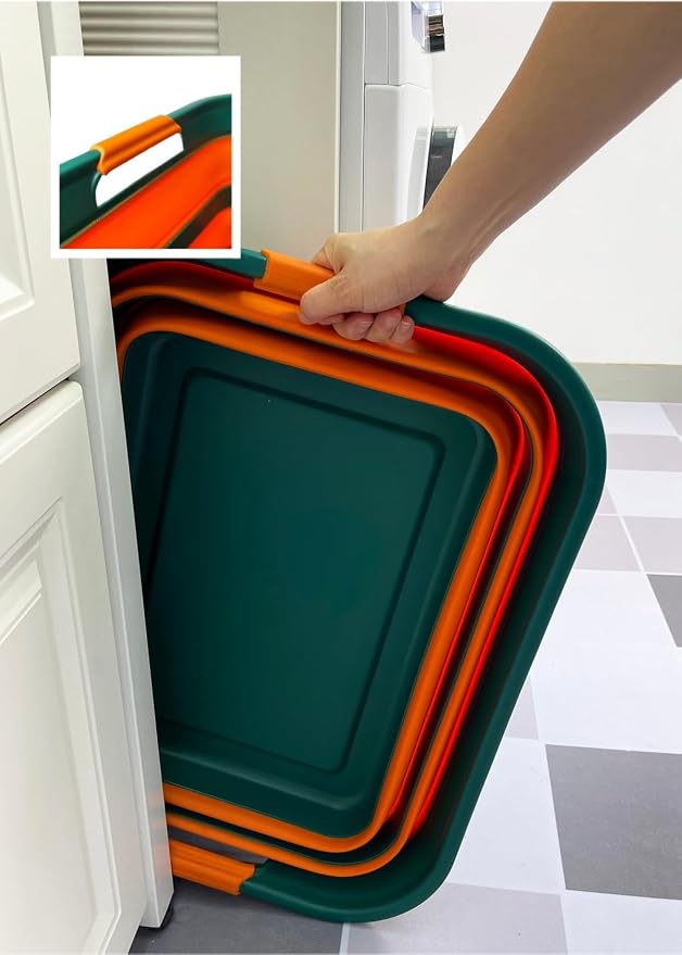 SAMMART Collapsible Plastic Laundry Basket with Handle/Foldable Pop Up Storage Hamper/Portable Laundry Organizer-Space Saving Washing Tub/Household Storage (Teal Green/Autumn leaf, 42L (Set of 2)) - Image 3