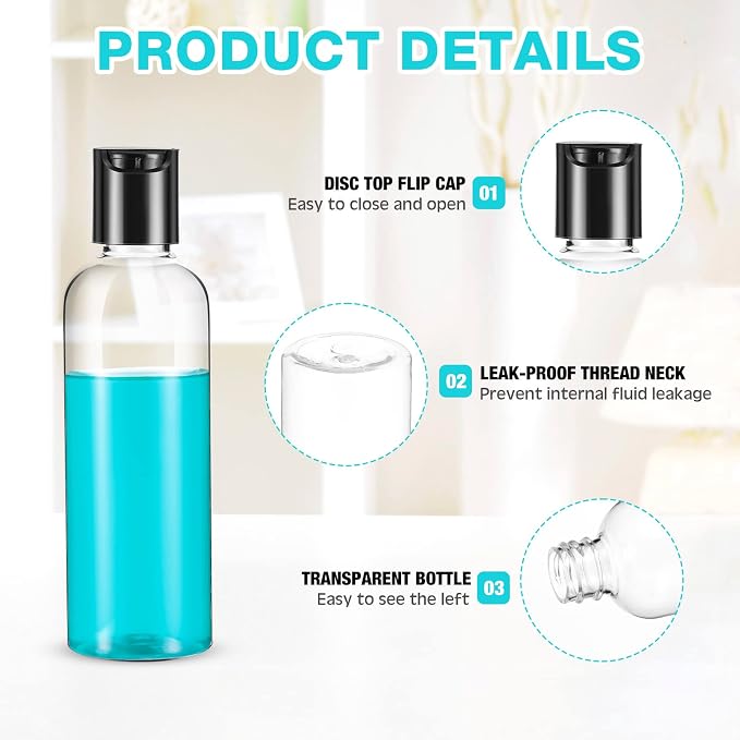 Roshtia 100 Pack 3.4 oz Travel Bottles for Toiletries, Clear Refillable Plastic Bottles with Disc Top Flip Cap, Leak Proof Empty Containers for Lotion, Shampoo, Essential Oil, Bulk Travel Size(Black) - Image 3