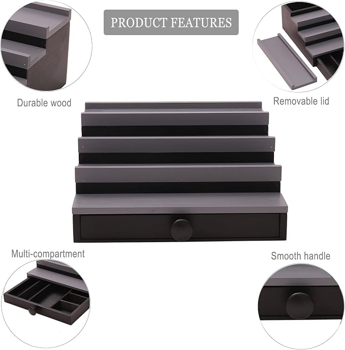 4 Tier Men's Cologne Organizer, Black Gray Wood Display Stand with Drawer | Tiered Cologne Shelf Rack, mens perfume holder, cologne collection, Hidden Storage, Dresser Fragrance Display, Gift for Men - Image 5