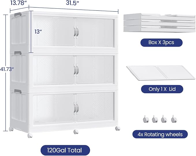 40Gal/120QT 3-Tiers Extra Large Stackable Storage Bins with Lid, Collapsible Cabinet Closet Organizer Plastic Container Box with Wheels Doors Drawers for Office Dorm Kitchen, White - Image 2