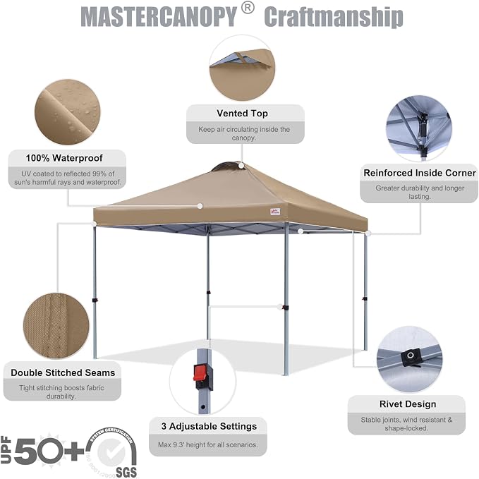 MASTERCANOPY 10x10 Pop Up Canopy Tent, 1 Person Setup Instant Shelter,Outdoor Portable Beach Canopy with Roller Bag, 4 Sandbags, 4 Ropes, 8 Stakes (10x10, Khakie) - Image 3