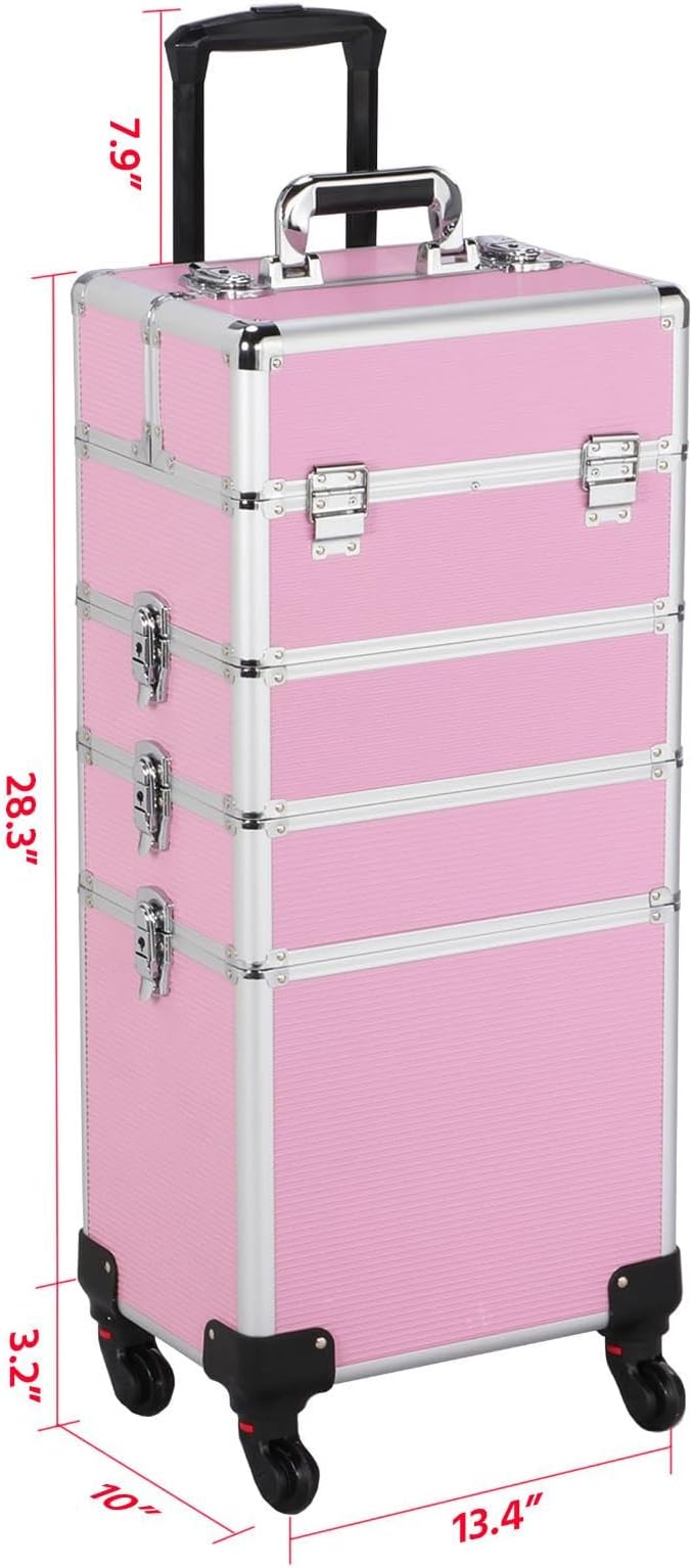Topeakmart 4-in-1 Cosmetology Case on Wheels Lockable Makeup Trolley Pink | Reinforced with aluminum trim and steel corners, this rolling makeup train case organizes and locks supplies anywhere - Image 3