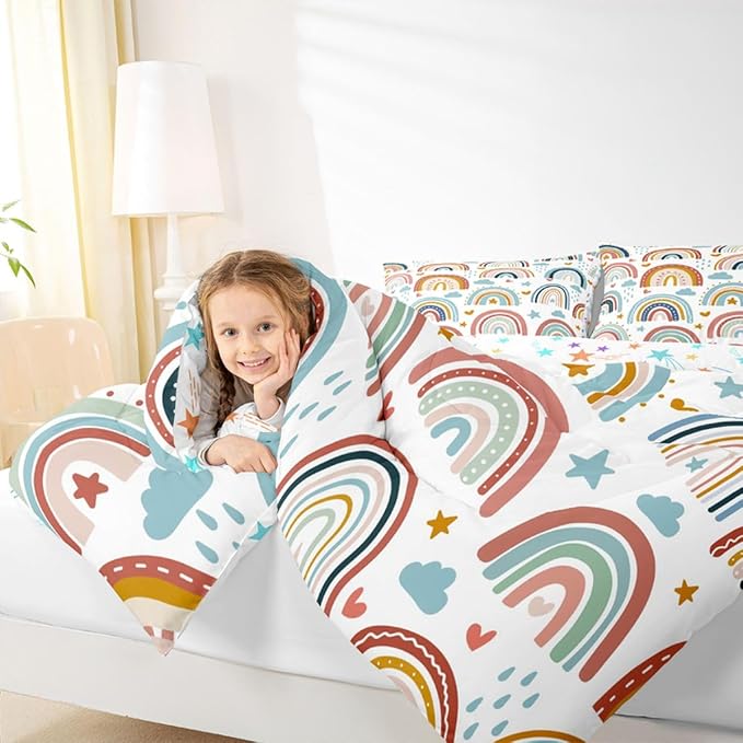 Erosebridal Rainbow Comforter Set for Girls, Cartoon Rainbow Bedding Set Queen Size for Kids Boys Women Bedroom Decor, Love Heart Stars Duvet Insert Hand Drawn Iridescent Down Comforter, Colorful - Image 6