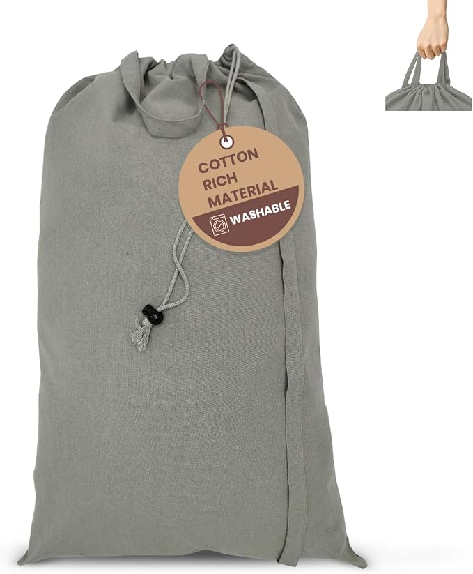 LFH Home Cotton Rich Canvas Large Laundry Bag with Handle, Heavy Duty Drawstring Closure Washable Laundry Bags, School Travel, Home, Hotel, College Dorm, Organizer Sack, Toys 20x30-Grey by LFHHomePrivateLimited