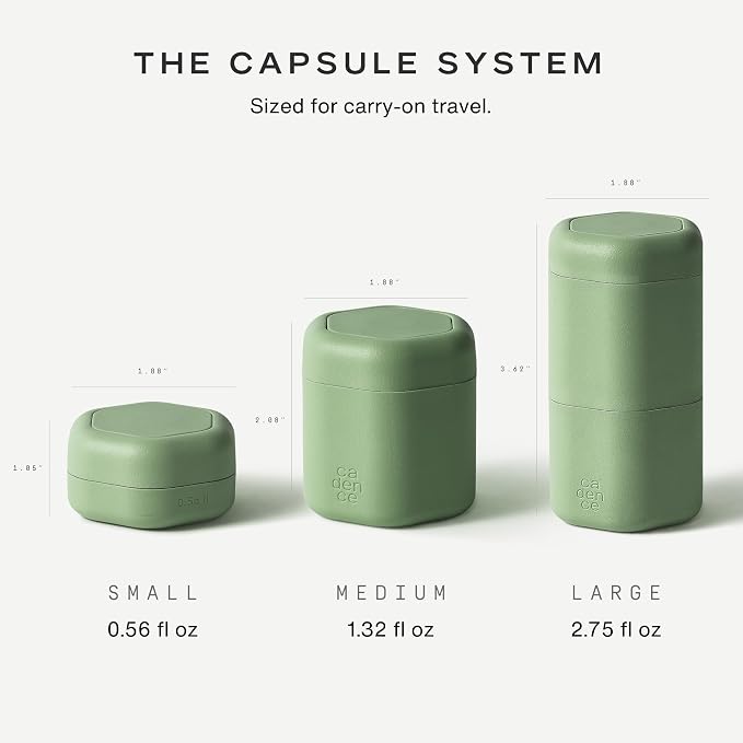 Cadence Travel Containers - 2 Piece Haircare Set - Magnetic Travel Capsules - For Shampoo, Conditioner, Hair Styling Product - 1 Small & 1 Medium Capsule - Shampoo & Conditioner Labels - Eucalyptus - Image 7