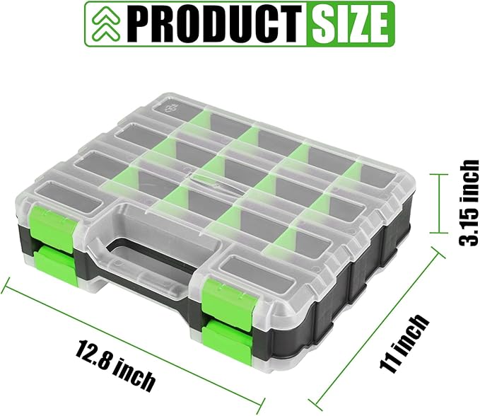 Tool Box with Transparent Lid, Double Side 34-Compartments Organizer Box with Removable Dividers for Hardware, Screws, Bolts, Nails, Beads, Jewelry and Fishing Accessories, Green, 2 Packs - Image 2