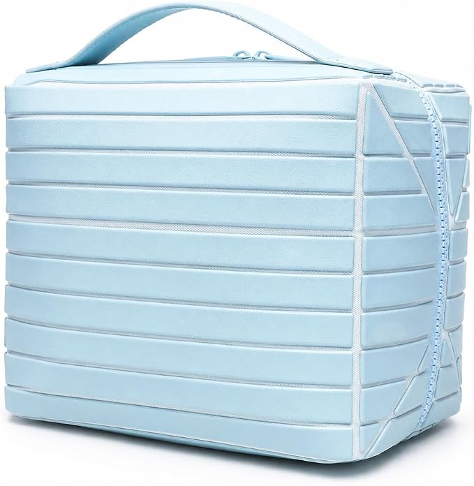Fold Down Large Capacity Makeup Bag for Women, Foldable Travel Makeup Organizer with Compartments, Lay Flat Waterproof Cosmetic Toiletry Bag for Brushes and Skincare (Light Blue) by Unknown