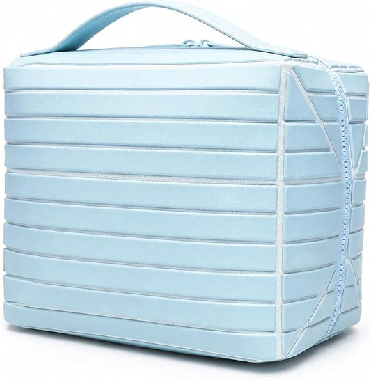 Fold Down Large Capacity Makeup Bag for Women, Foldable Travel Makeup Organizer with Compartments, Lay Flat Waterproof Cosmetic Toiletry Bag for Brushes and Skincare (Light Blue) by Unknown