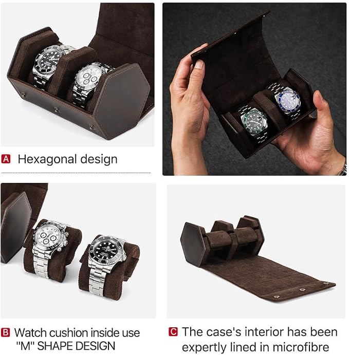 Hiram Genuine Leather Hexagon Watch Roll Travel Case, Leather 2-Watches Roll Case with Removable Pillow Cushion for Treasured Watches and Bracelets - Image 6