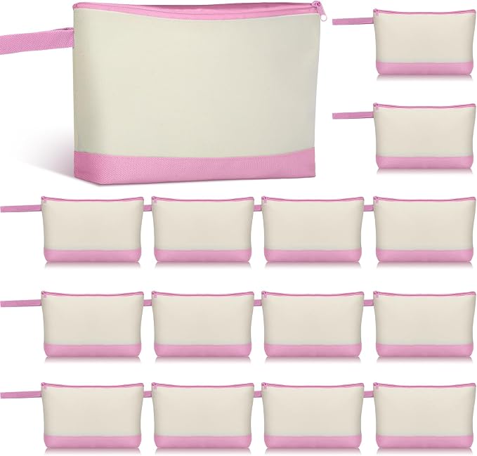 Silkfly 15 Pcs Cotton Canvas Makeup Bags Cosmetic Zipper Bags 10.2 x 5.5 x 2'' Blank DIY Pouch Bulk Pencil Case with Bottom Travel Toiletry Pouch for Women Craft Decor Gift (Beige and Pink) by Silkfly