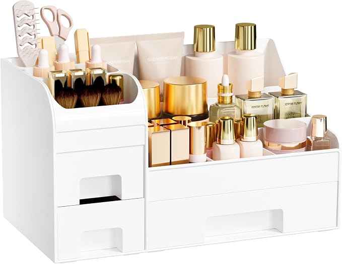 Makeup Organizer with Drawers,Large Cosmetic Storage Box,Countertop Skincare Organizer,ABS Makeup Brush Holder for Bathroom,Desk,Dresser,Multifunctional Beauty Display Case,White transparent by Unknown