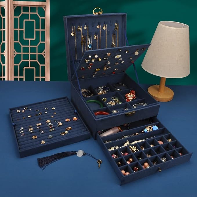 Jewelry Organizer 5 Layers Velvet Square Jewelry Box Women Necklace Ear studs Display Bangles Large Jewelry Storage Case Drawer GY306 (Navy) - Image 4